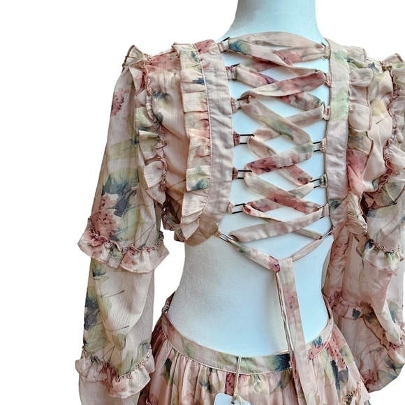 Ruffle Trim Lace-up back Floral Print Deep V-neck Waist Cutout, Size Medium - Picture 5 of 11